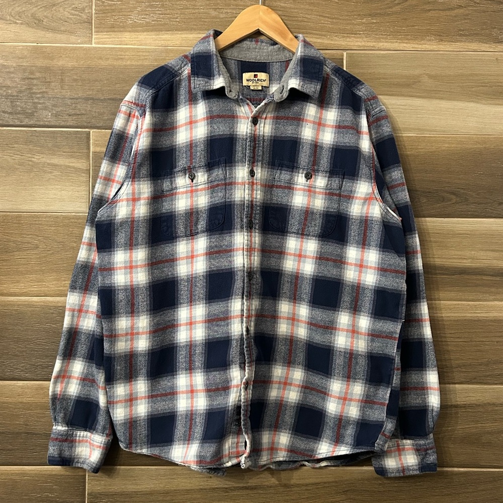 Woolrich Plaid Flannel Long Sleeve Button Up Shirt XL 100% Cotton Navy Orange